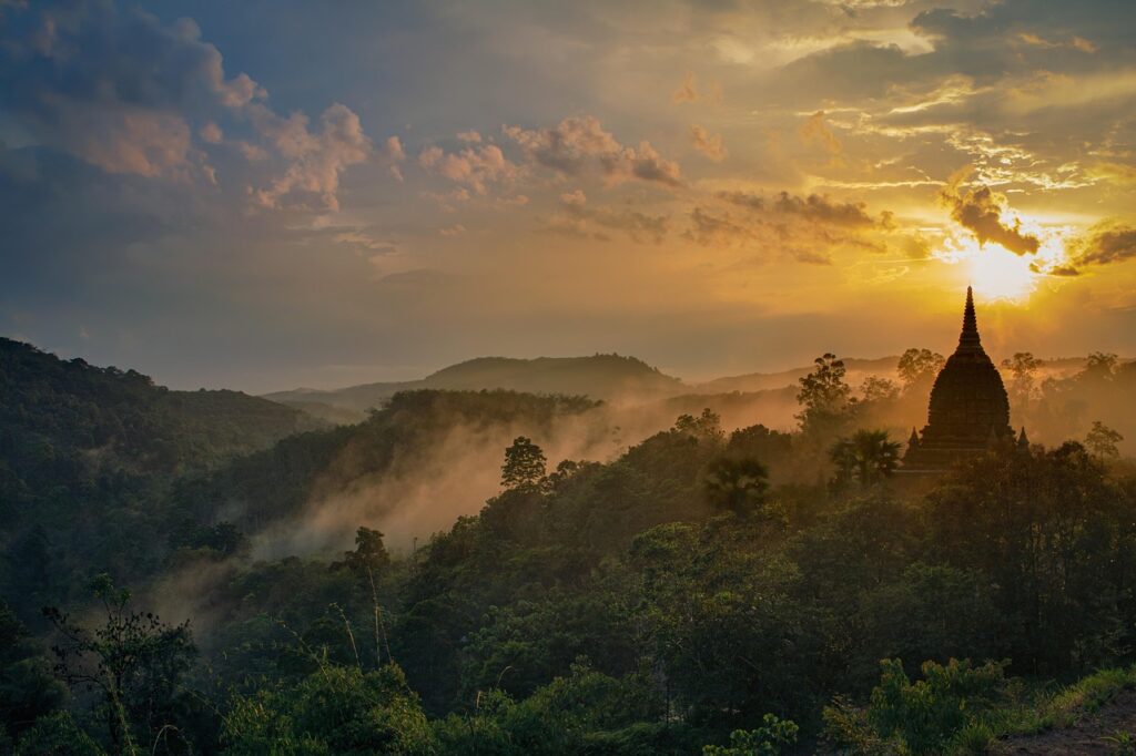 sunset, stupa, buddhism, dusk, nature, religious, religion, faith, theravada buddhism, landscape, pagoda, peace